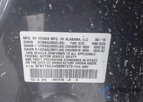 2016 Honda Pilot Ex z USA, uszkodzony, nr VIN 5FNYF6H34GB097475